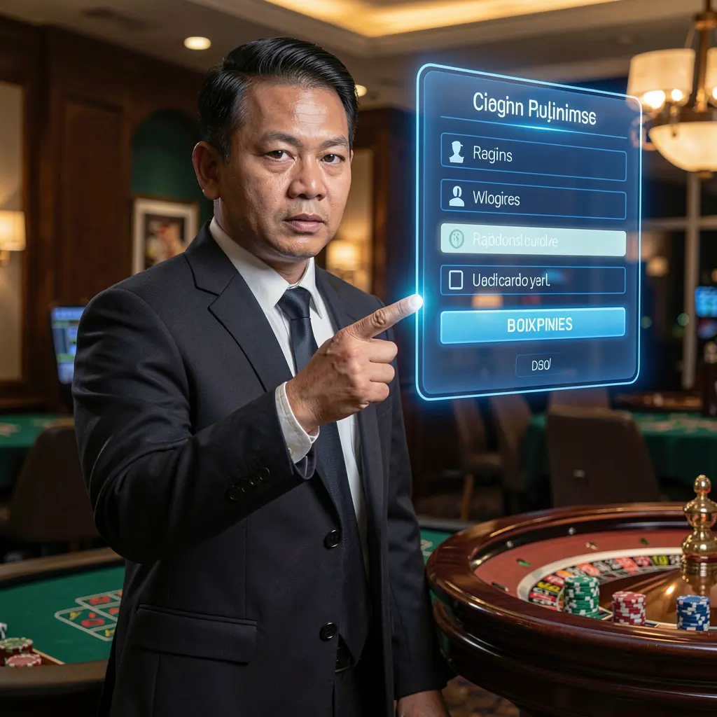 Confident PPG97 casino dealer interacting with a futuristic holographic login panel above a glowing roulette table in the Philippines