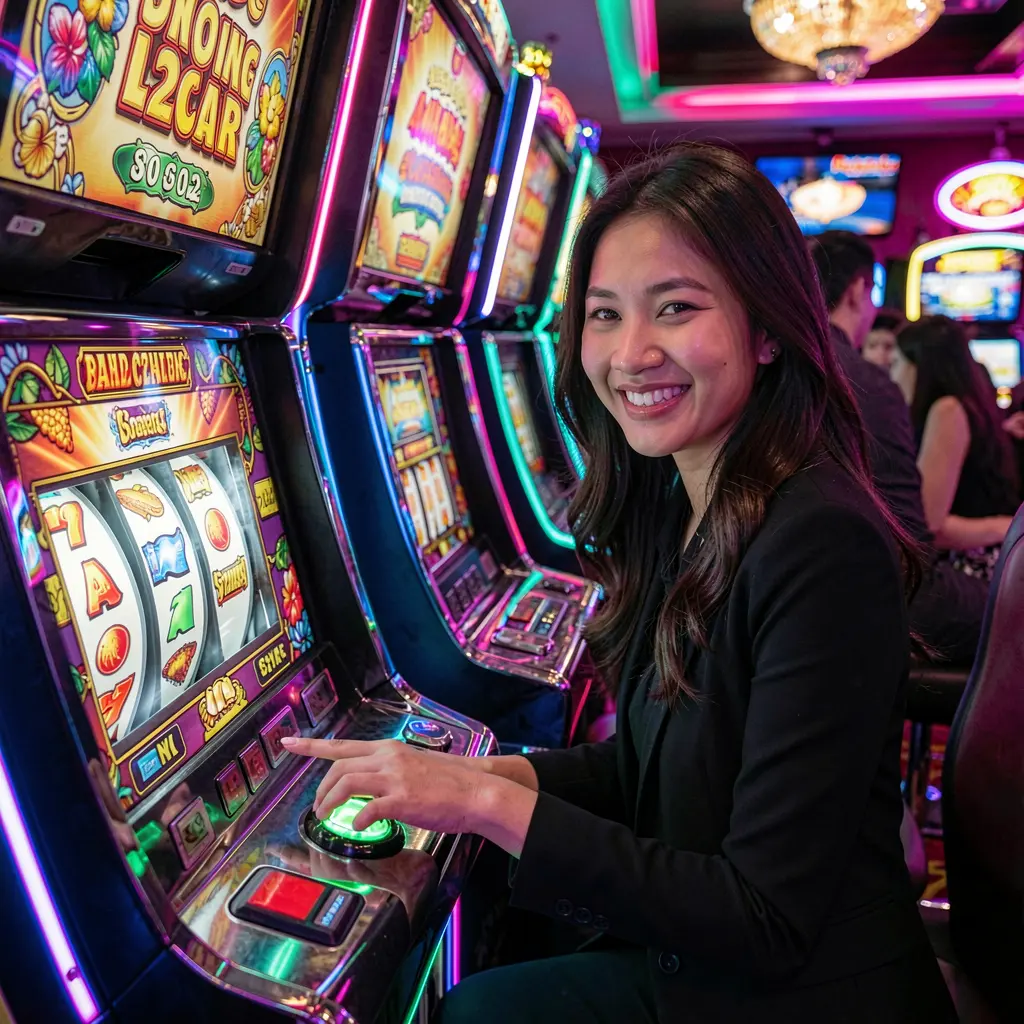 A smiling Filipino woman enjoying vibrant online slot games with glowing reels and neon lights on the PPG97 casino platform